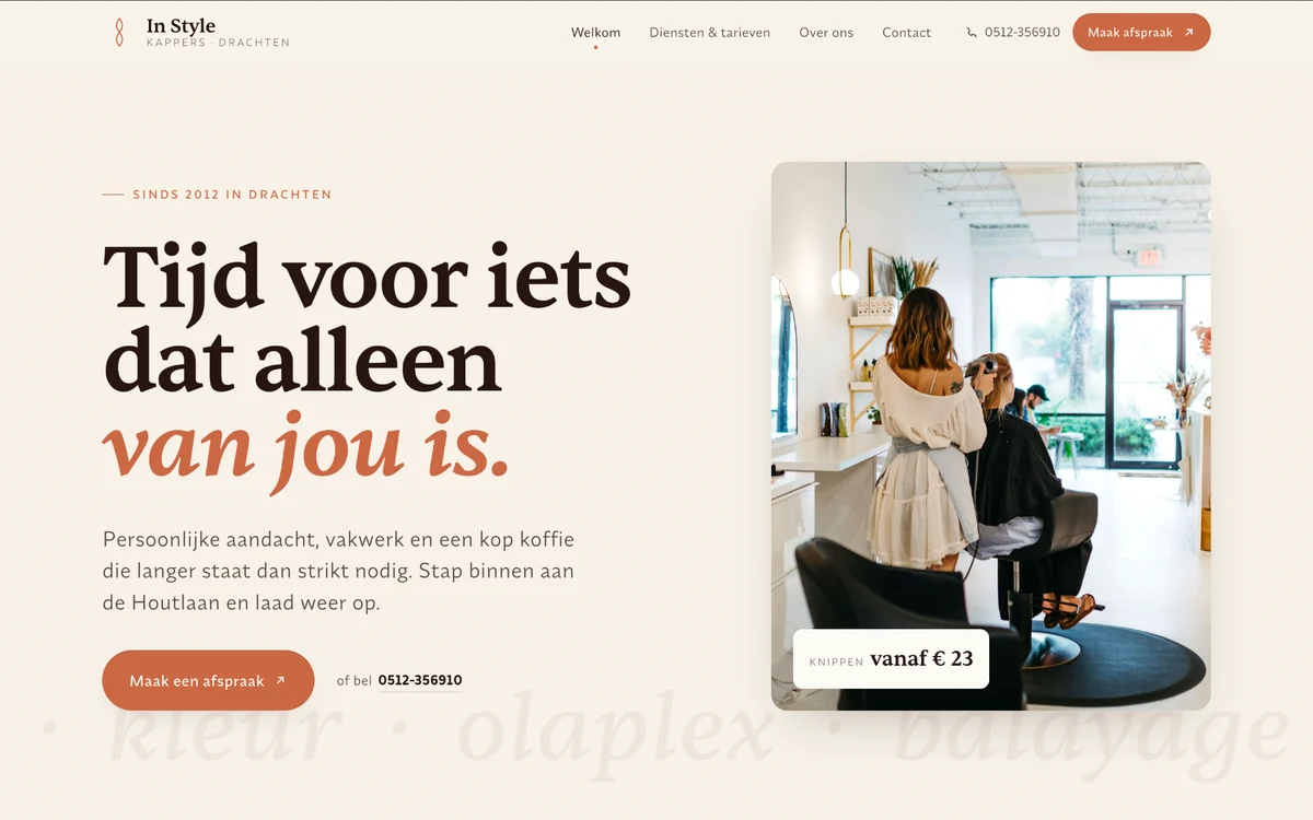 Homepage van In Style Kappers Drachten met salonfotografie, diensten en de afspraakknop