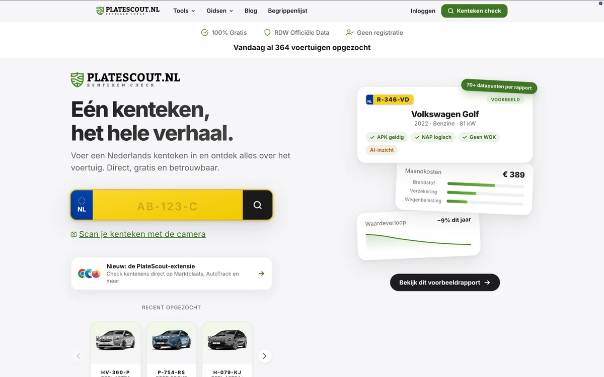 De PlateScout-homepage met kentekeninvoer, rapportvoorbeeld en recent opgezochte auto’s